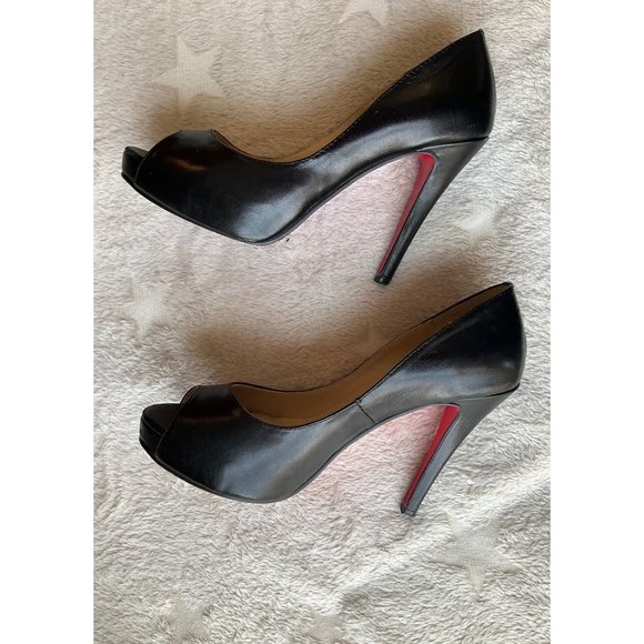 Christian Louboutin Sz.7.5/38 Black Leather Very Prive Peep Toe Platform Pumps - Picture 2 of 15